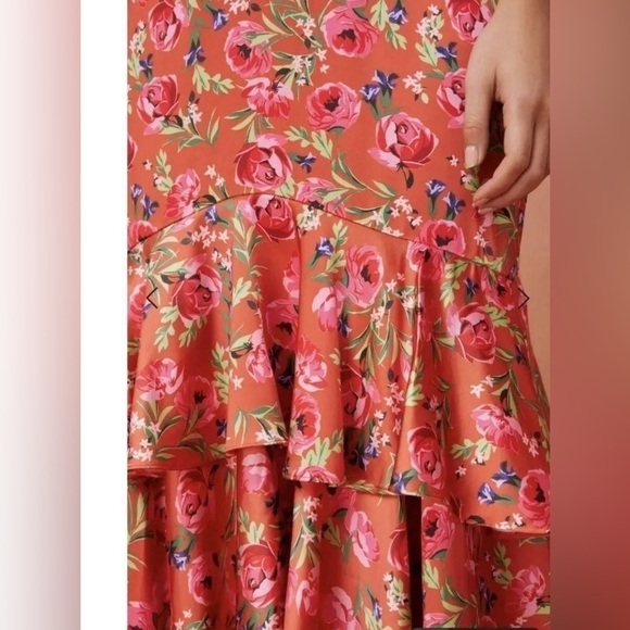 Keepsake the Label For Me Gown Tangerine Orange Floral Ruffle Trim Satin Dress - Picture 5 of 11